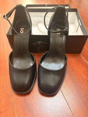 SO Black Ankle-Strap Square-Toe Heels